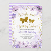 パープルラベンダーバタフライキスと誕生日 招待状 (正面/裏面)