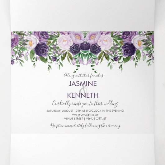 パープルラベンダーピンクウォーターカラー結婚バラズ 三つ折り招待状 (内部中)