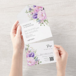 パープルラベンダーピンクフローラRSVP QRコード結婚s オールインワン招待状