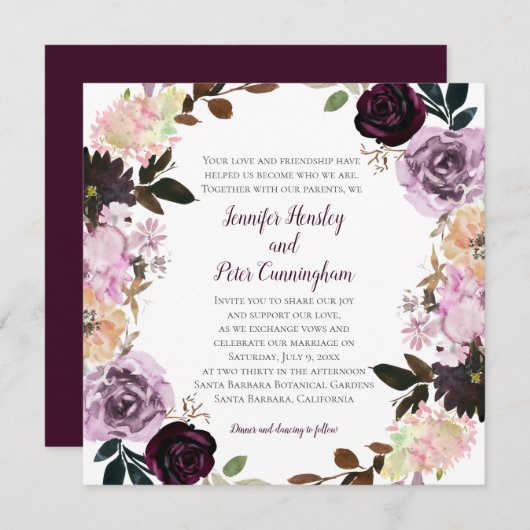 パープルラベンダーピンクホワイトフローラ結婚リース 招待状 (正面/裏面)