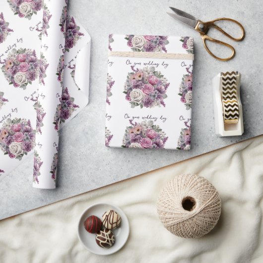 パープルラベンダーピンクローズ結婚ズブーケ ラッピングペーパー (クラフト)