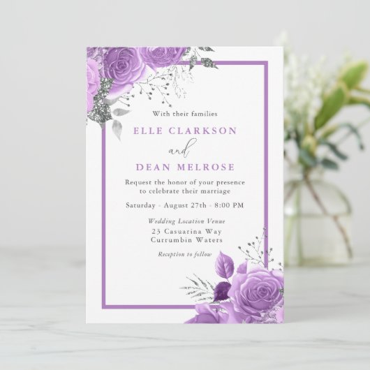 パープルラベンダーフローラエレガントな結婚式 招待状 (スタンド正面)