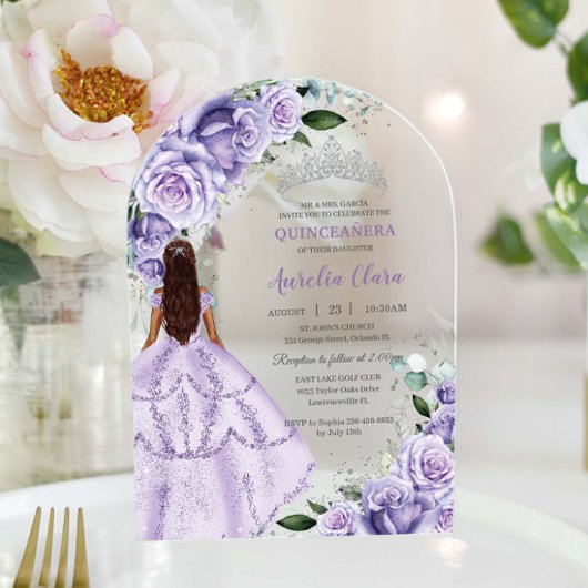 パープルラベンダーフローラシルバーキンセアニラスウィート16 アクリル招待状