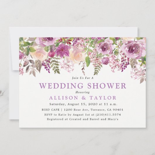 パープルラベンダーフローラバイオレットウェディングシャワー 招待状 (正面)