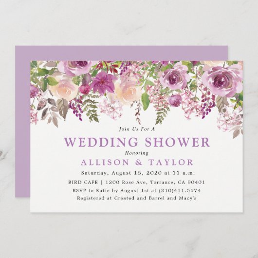 パープルラベンダーフローラバイオレットウェディングシャワー 招待状 (正面/裏面)