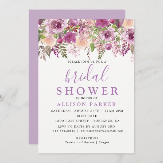 パープルラベンダーフローラブライダルシャワー招待 招待状 (正面/裏面)