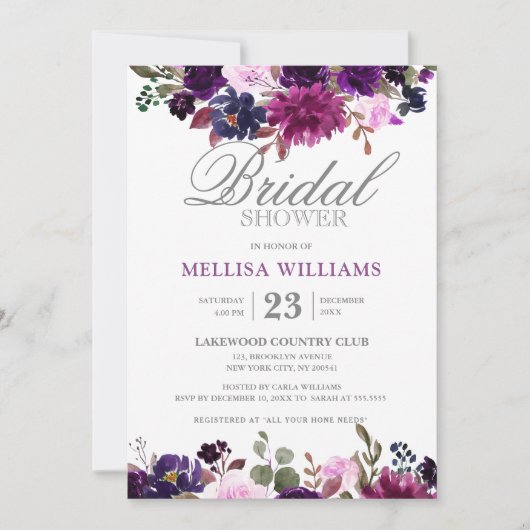 パープルラベンダーフローラボホブライダルシャワー 招待状 (正面)