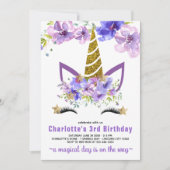 パープルラベンダーフローラユニコーン誕生日バーティ 招待状 (正面)