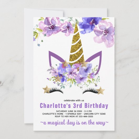 パープルラベンダーフローラユニコーン誕生日バーティ 招待状 (正面)