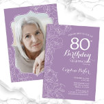 パープルラベンダーフローラ写真80th Birthday Party 招待状<br><div class="desc">紫色のラベンダーフローラ80th誕生日パーティーへの招待あなたの写真をカードの背面に。ボタニエレガントカルモダンスケッチアクセントとタイポグラフィスクリプトフォントを搭載したデザイン。トレンディーシンプル招待状カードは女性の日スタイリッシュお祝いに最適。任意のカスタマイズ年齢にすることができる。印刷されたZazzle招待状または即時ダウンロードのデジタル印刷可能なテンプレート。</div>