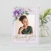 パープルラベンダーフローラ卒業写真ありがとう サンキューカード (スタンド正面)