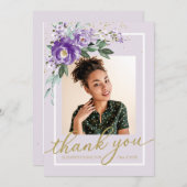パープルラベンダーフローラ卒業写真ありがとう サンキューカード (正面/裏面)