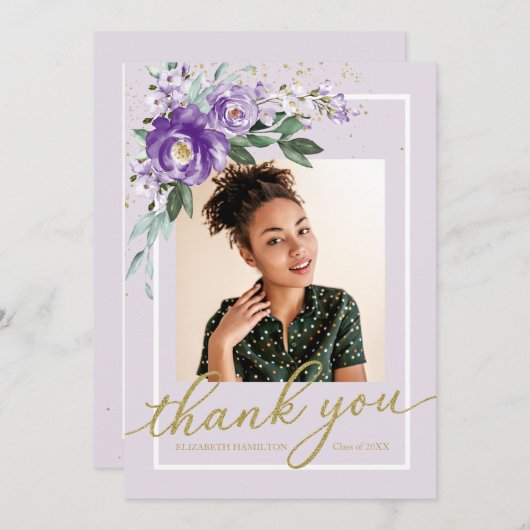 パープルラベンダーフローラ卒業写真ありがとう サンキューカード (正面/裏面)