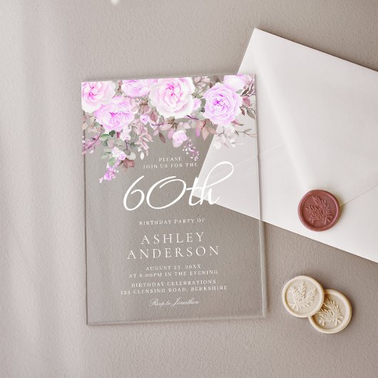 パープルラベンダーフローラ女性60th誕生日パーティー アクリル招待状