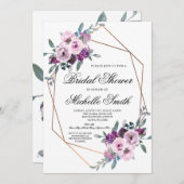 パープルラベンダーフローラ幾何学ブライダルシャワー 招待状 (正面/裏面)