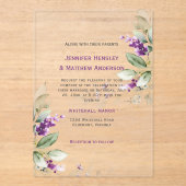 パープルラベンダーフローラ結婚グリーンリー アクリル招待状 (正面)