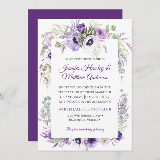 パープルラベンダーホワイトウォーターフローラ結婚ズ | 招待状 (正面/裏面)