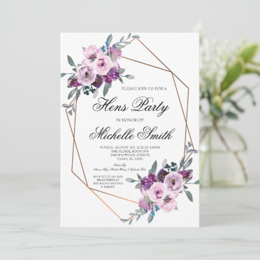 パープルラベンダーボホフローラ幾何学模様hensパーティー 招待状 (スタンド正面)
