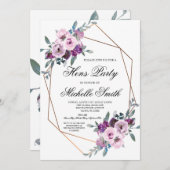 パープルラベンダーボホフローラ幾何学模様hensパーティー 招待状 (正面/裏面)