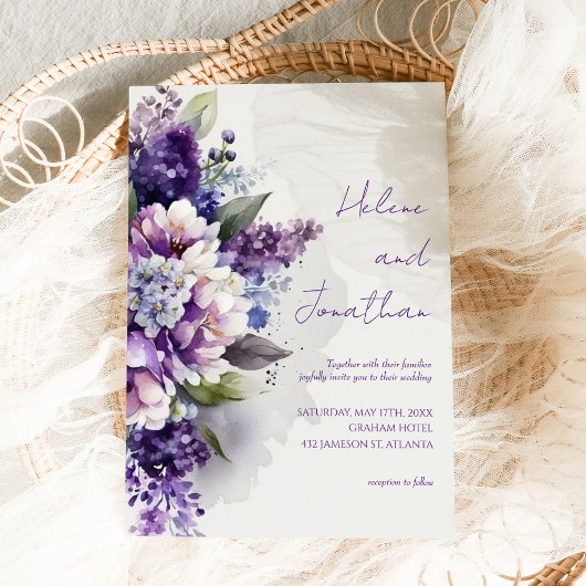パープルラベンダーボホ素朴フローラエレガントな結婚式 招待状