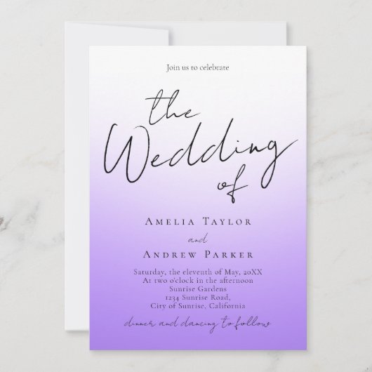 パープルラベンダーミニマルQRコードエレガントな結婚式 招待状 (正面)
