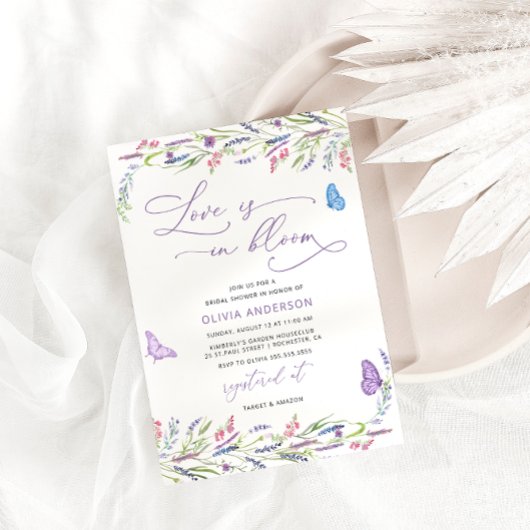 パープルラベンダーラブイン開花ブライダルシャワー 招待状