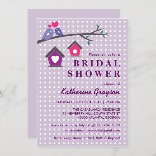 パープルラベンダーラブバード水玉模様招待状 招待状 (正面/裏面)