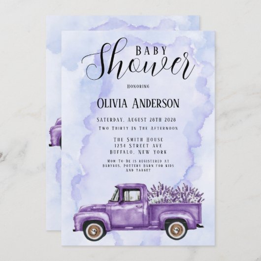 パープルラベンダーヴィンテージトラック赤ちゃんシャワー 招待状 (正面/裏面)