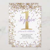 パープルラベンダー紙吹雪ガールファースト誕生日金ゴールド 招待状 (正面/裏面)