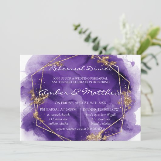 パープルラベンダー絵を描金ゴールドリハーサルディナーインヴィータ 招待状 (スタンド正面)