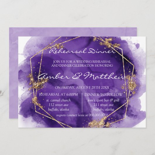 パープルラベンダー絵を描金ゴールドリハーサルディナーインヴィータ 招待状 (正面/裏面)