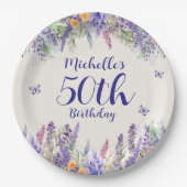 パープルラベンダー花柄 50歳の誕生日 ペーパープレート (正面)