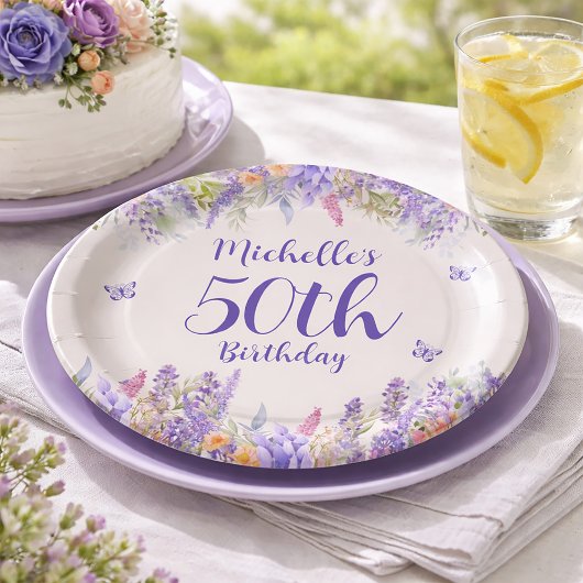 パープルラベンダー花柄 50歳の誕生日 ペーパープレート
