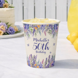パープルラベンダー花柄 50歳の誕生日 紙コップ