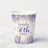 パープルラベンダー花柄 50歳の誕生日 紙コップ (正面)