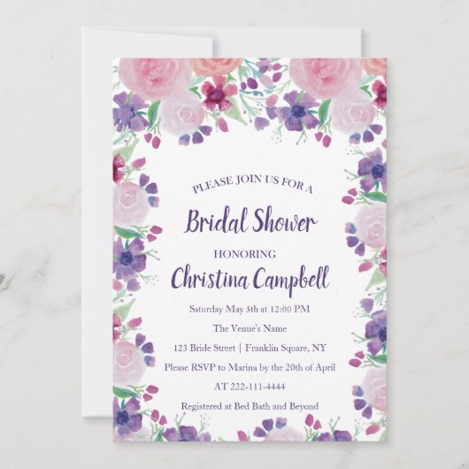 パープルラベンダー薄紫ピンクフローラブライダルシャワー 招待状 (正面)