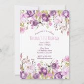 パープルラベンダー薄紫フローラモダン1st誕生日 招待状 (裏面)