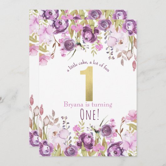 パープルラベンダー薄紫フローラモダン1st誕生日 招待状 (正面/裏面)
