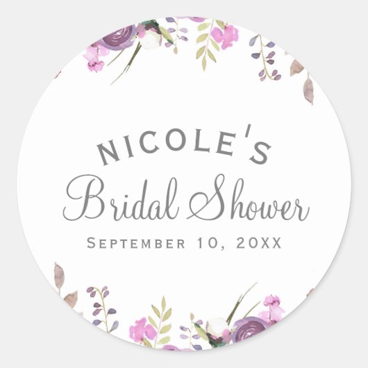 パープルラベンダー薄紫水彩フローラ結婚ズ ラウンドシール (正面)