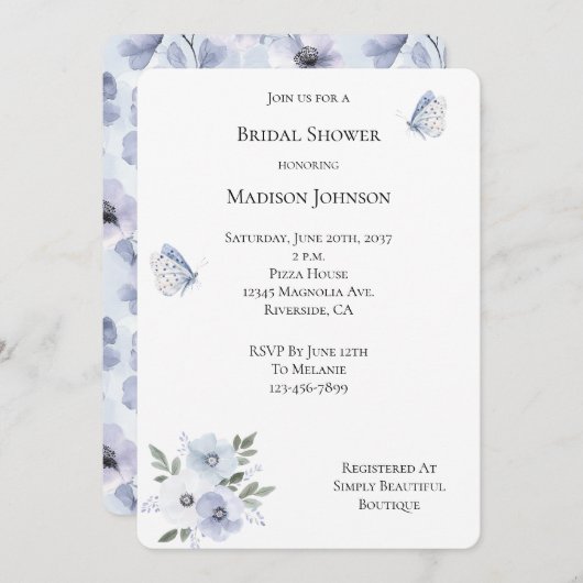 パープルラベンダー蝶フローラブライダルシャワー 招待状 (正面/裏面)