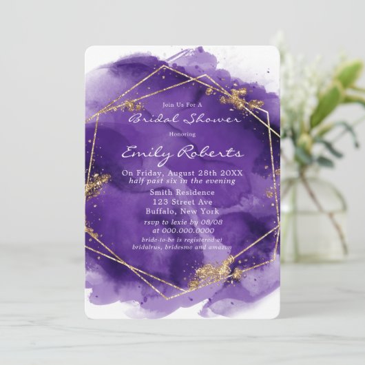 パープルラベンダー金ゴールド絵を描ブライダルシャワーインビタティ 招待状 (スタンド正面)