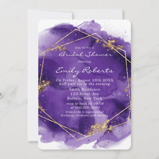 パープルラベンダー金ゴールド絵を描ブライダルシャワーインビタティ 招待状 (正面)