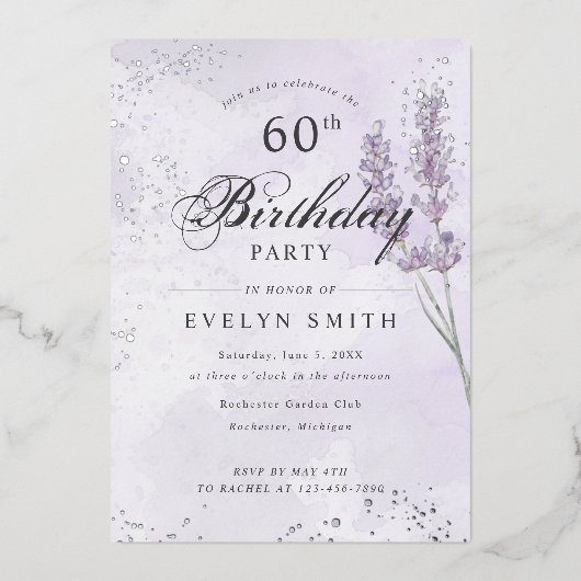パープルラベンダー60th誕生日パーティーシルバー 箔招待状 (正面)