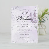 パープルラベンダー60th誕生日パーティーシルバー 箔招待状 (立ち正面)