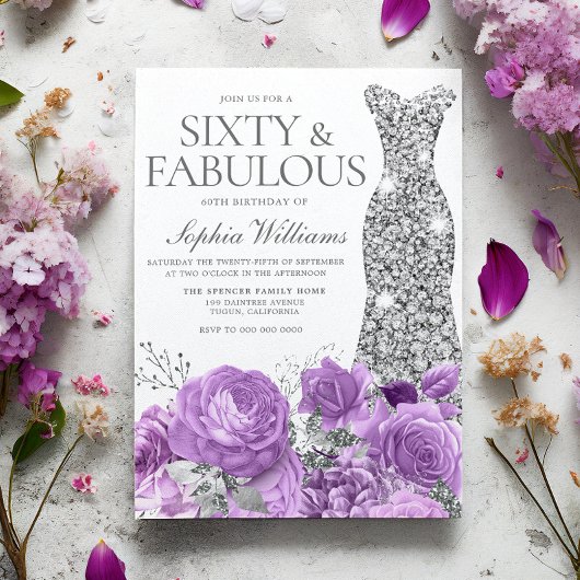 パープルラベンダー&シルバーガウン60thバースデーパーティー 招待状