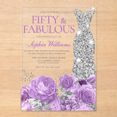 パープルラベンダー&シルバー50thバースデーパーティー アクリル招待状 (正面)