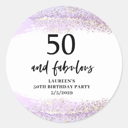 パープルラメ 50歳の誕生日パーティー ラウンドシール (正面)