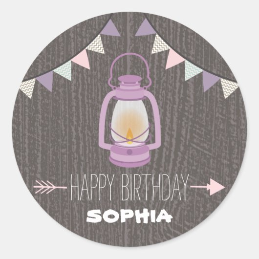 パープルランタンキャンプ誕生日シール ラウンドシール (正面)