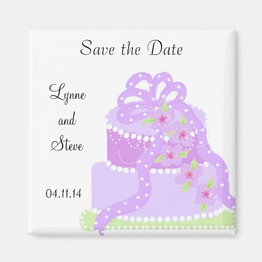 パープルリボンのウェディングケーキのSave the Date マグネット (正面)
