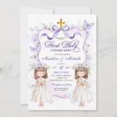 パープルリボンフローラツインズファースト・ホリー・コミュニオン 招待状 (正面)